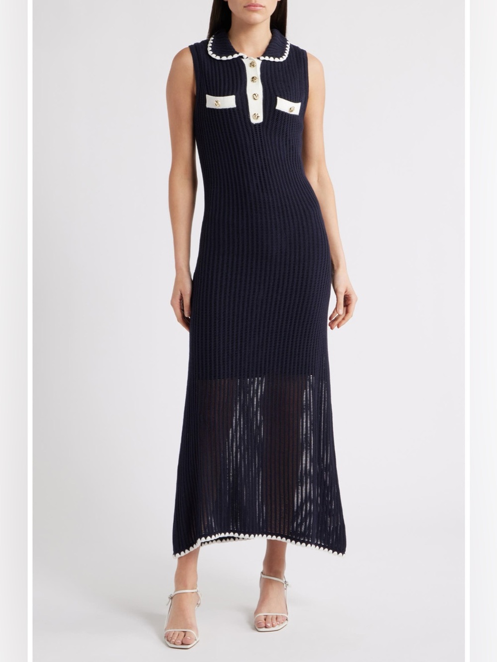 Navy Knit Maxi Skirt with White Trim